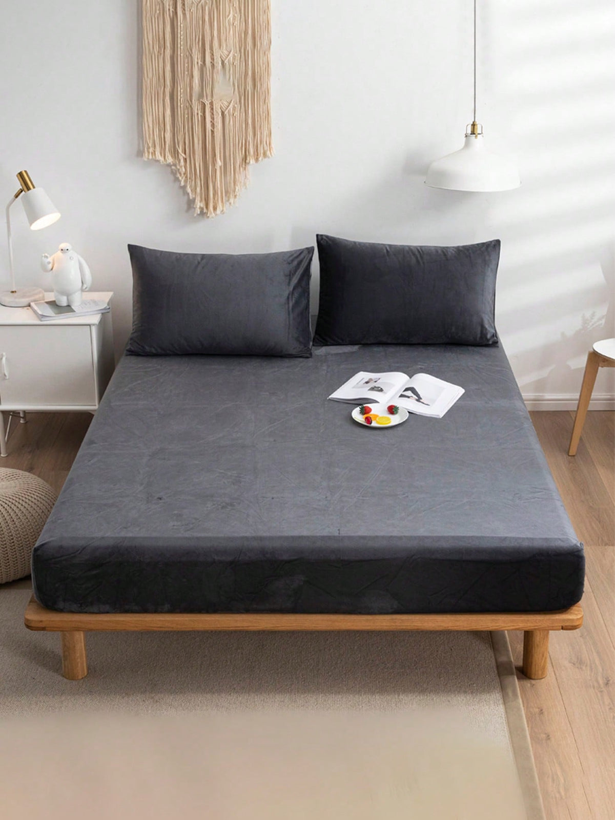 VELVET FITTED BED SHEET – CHARCOAL GREY