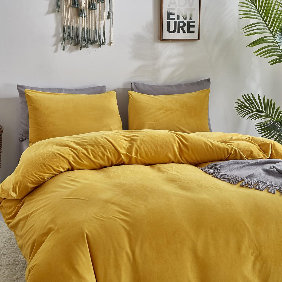 Velvet Duvet Cover Set - Yellow & Texture Grey