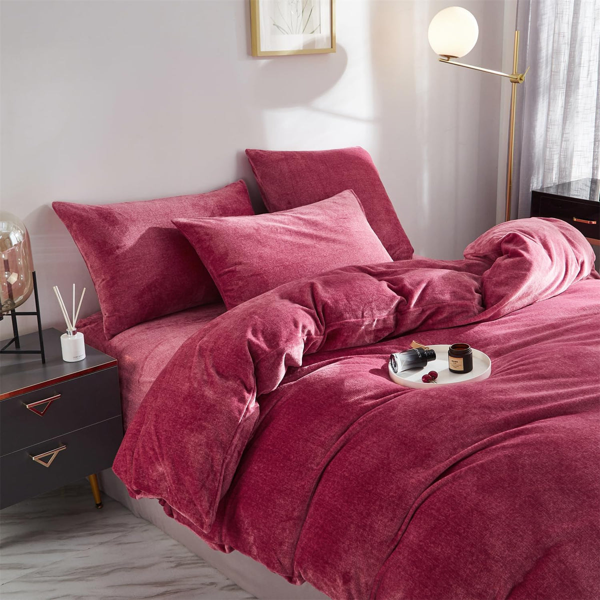 Velvet Duvet Cover Set - Dark Pink