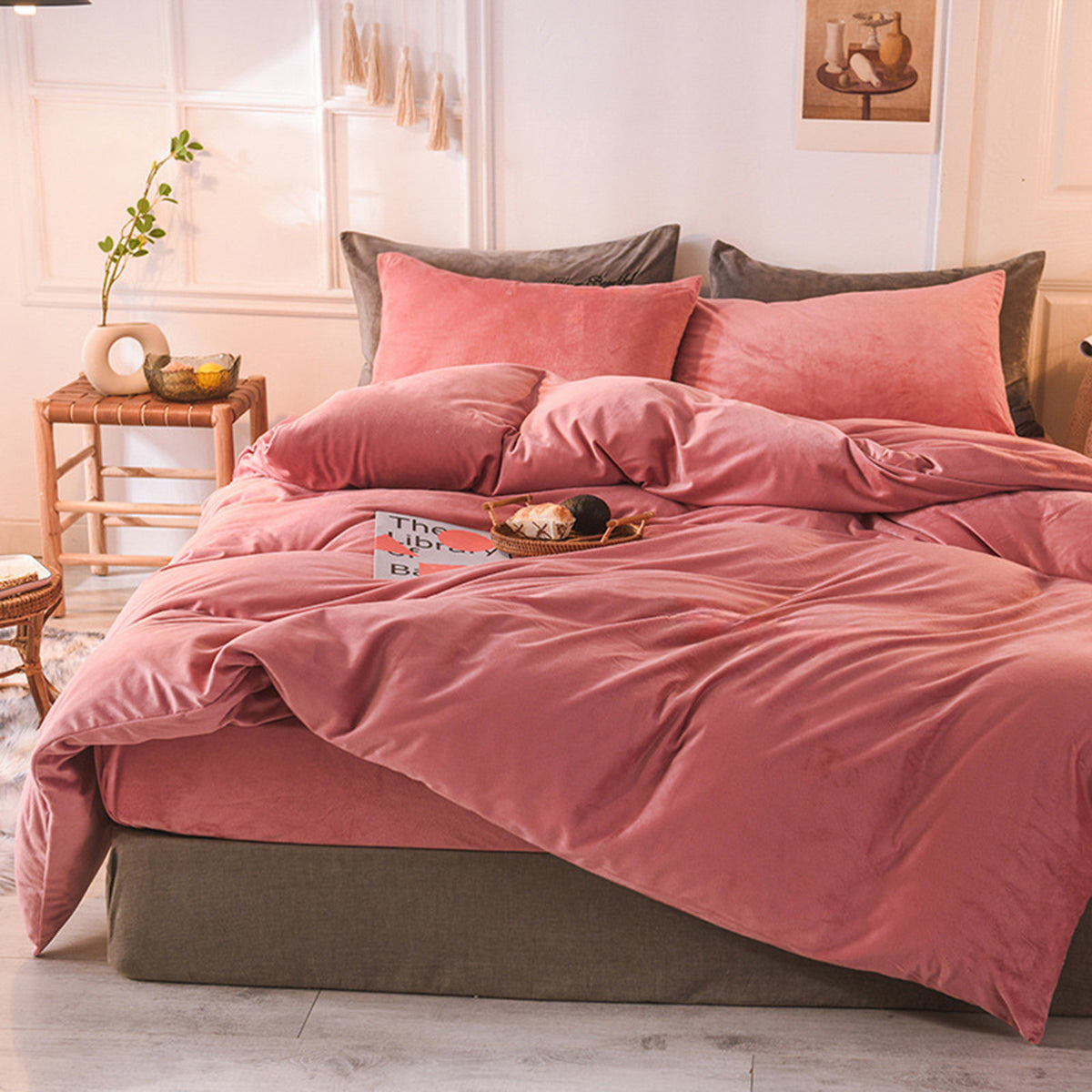 Velvet Duvet Cover Set - Rose Pink & Brown