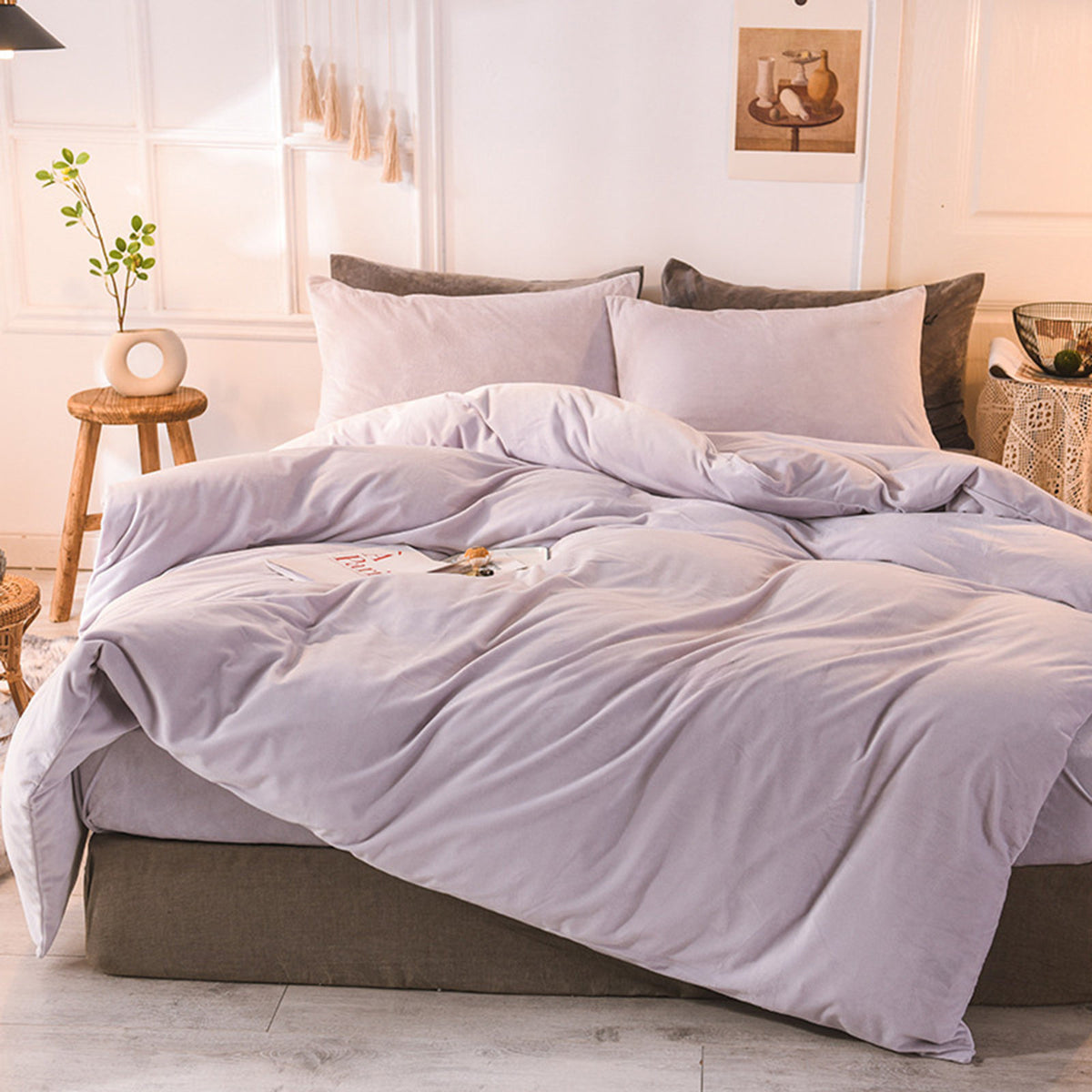 Velvet Duvet Cover Set - Light Grey