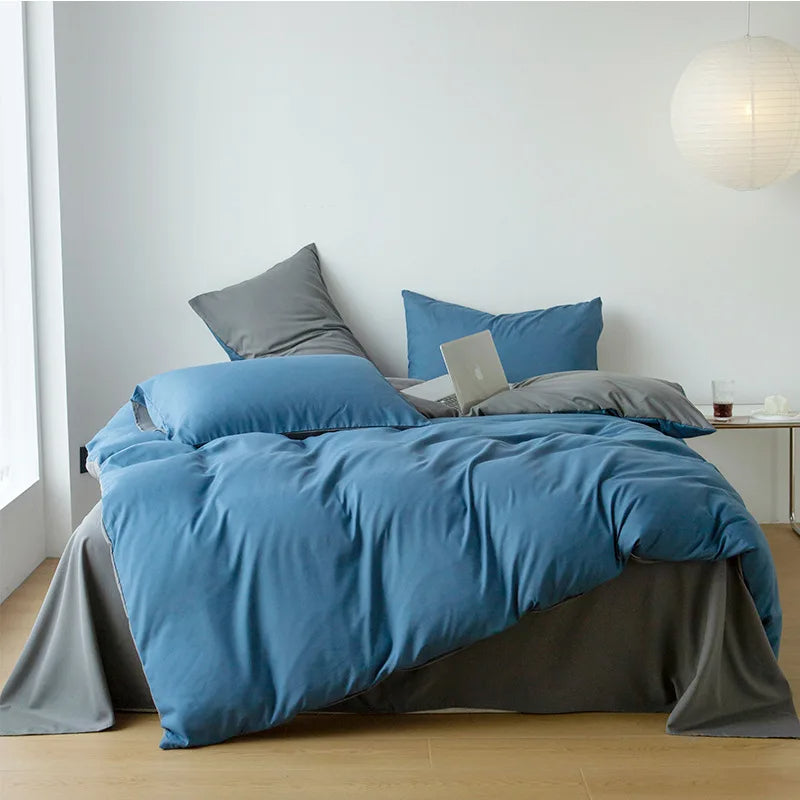 Reversible Cotton Duvet Cover Set - Dark Blue & Grey