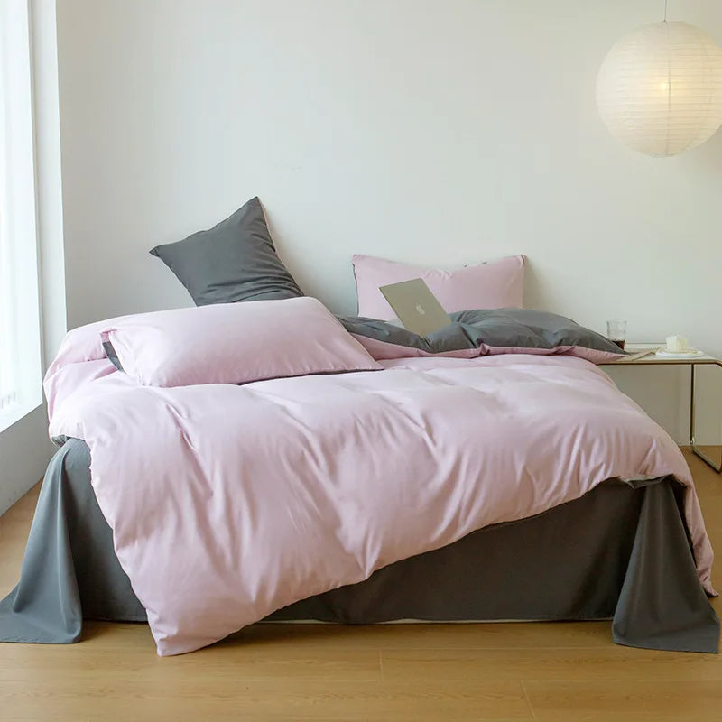 Reversible Cotton Duvet Cover Set - Light Pink & Grey