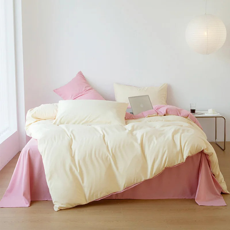 Reversible Cotton Duvet Cover Set - Off White & Pink